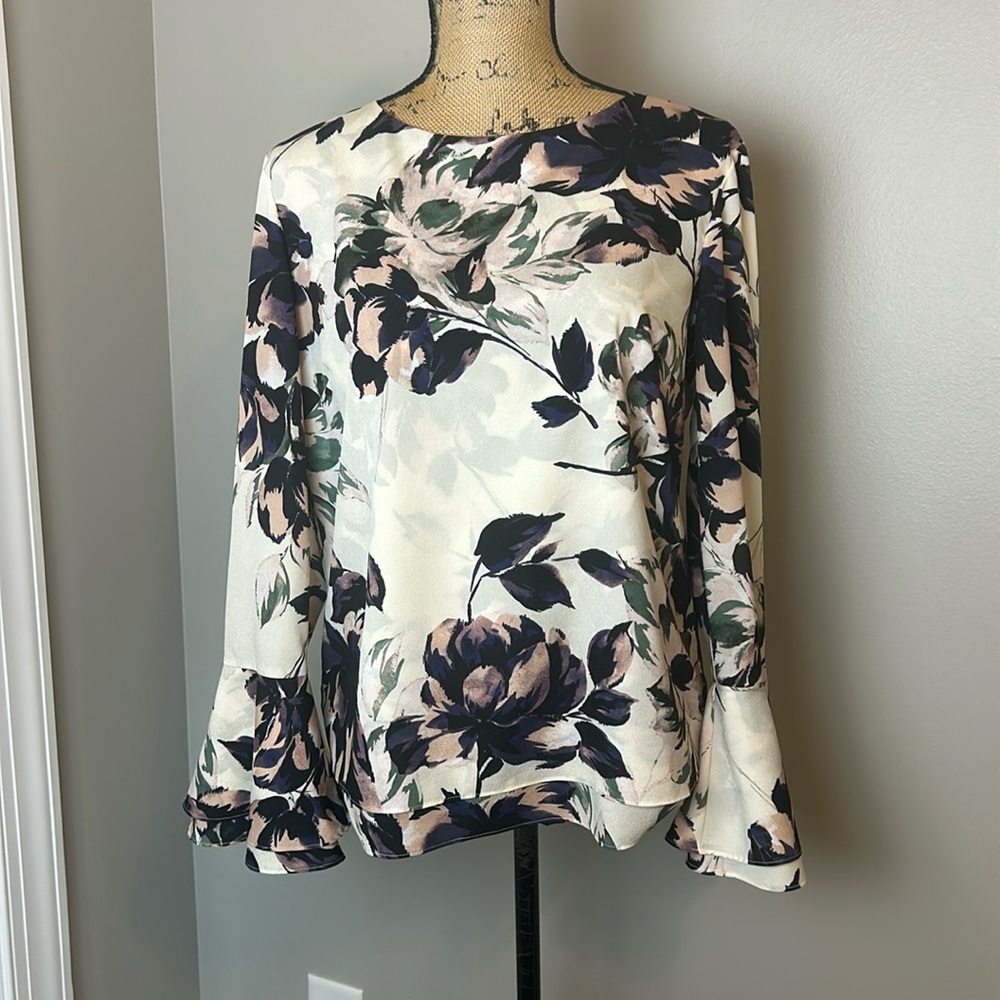 Preston & York Floral Blouse Bell Sleeve Top Size Small